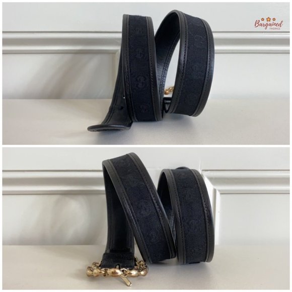 Authentic Gucci Black Monogram Canvas Leather Gold Chain Buckle Belt Size 85/34 - Picture 8 of 13